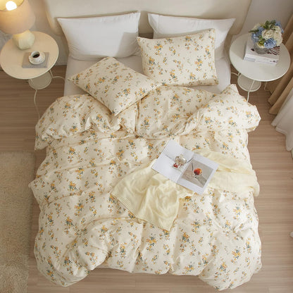 Yellow Floral Comforter Twin XL Boho Flower Leaves Pattern Printed Bedding Sets Cute Floral Soft Fluffy Comforter with 2 Pillowcases, Botanical Bed Set for All Season-Twin XL Size
