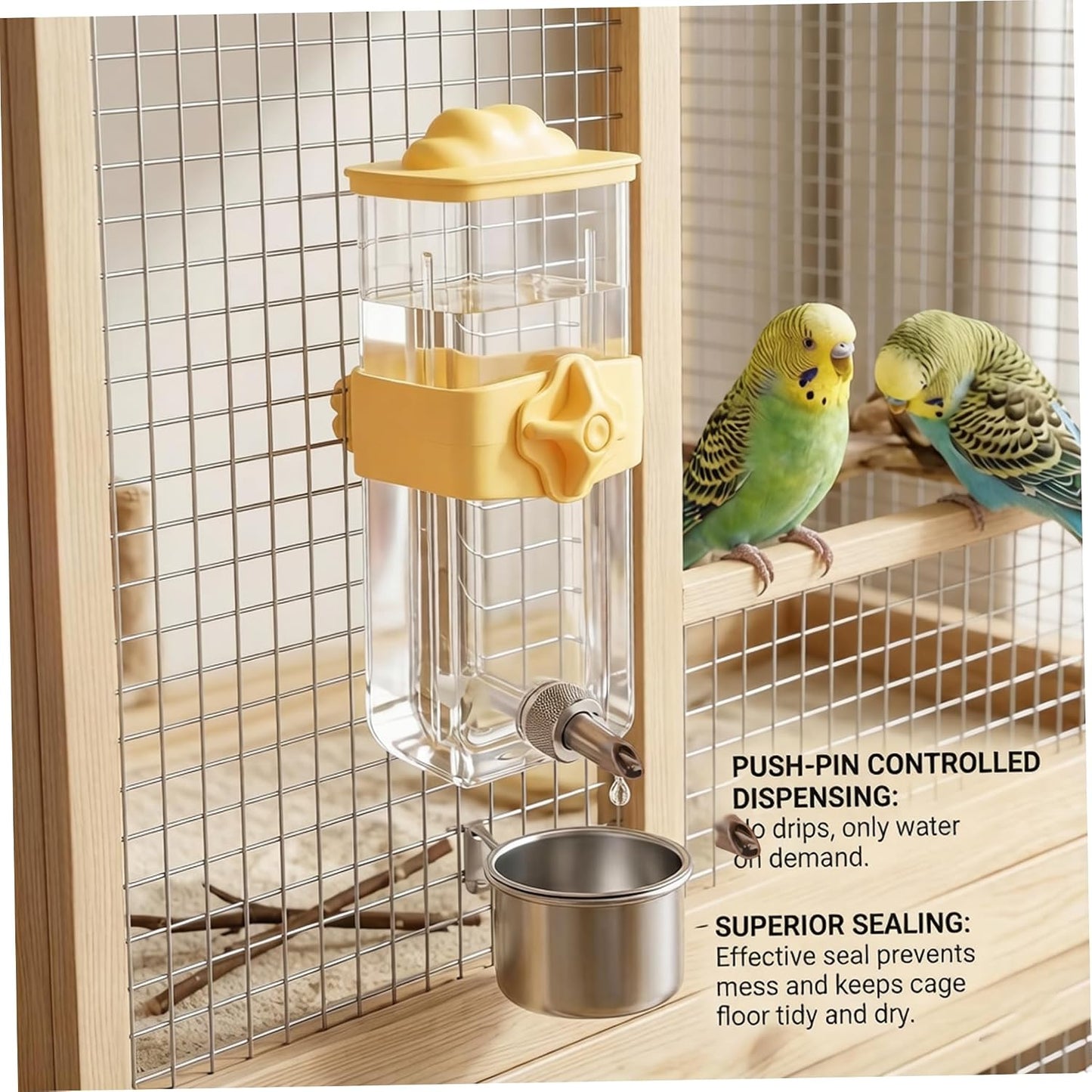 Parakeet Water Dispenser Bird Water Dispenser, Automatic Parakeet, 430ml Leak-Proof Cage Waterer for Parakeets & Small Birds (Yellow)