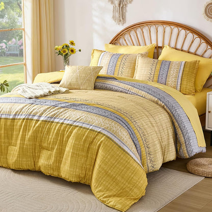 Boho Queen Comforter Size Set, 8 Pieces Yellow Striped Texture Bed in a Bag Bedding Sets, Lightweight Soft Bohemian Comforter and Sheet Set, All Season Microfiber Teen Boys Bedding Sets for Men Women
