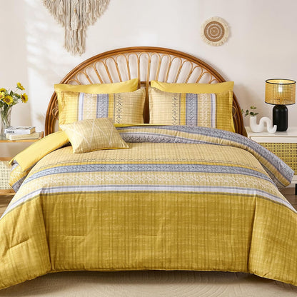 Boho Queen Comforter Size Set, 8 Pieces Yellow Striped Texture Bed in a Bag Bedding Sets, Lightweight Soft Bohemian Comforter and Sheet Set, All Season Microfiber Teen Boys Bedding Sets for Men Women