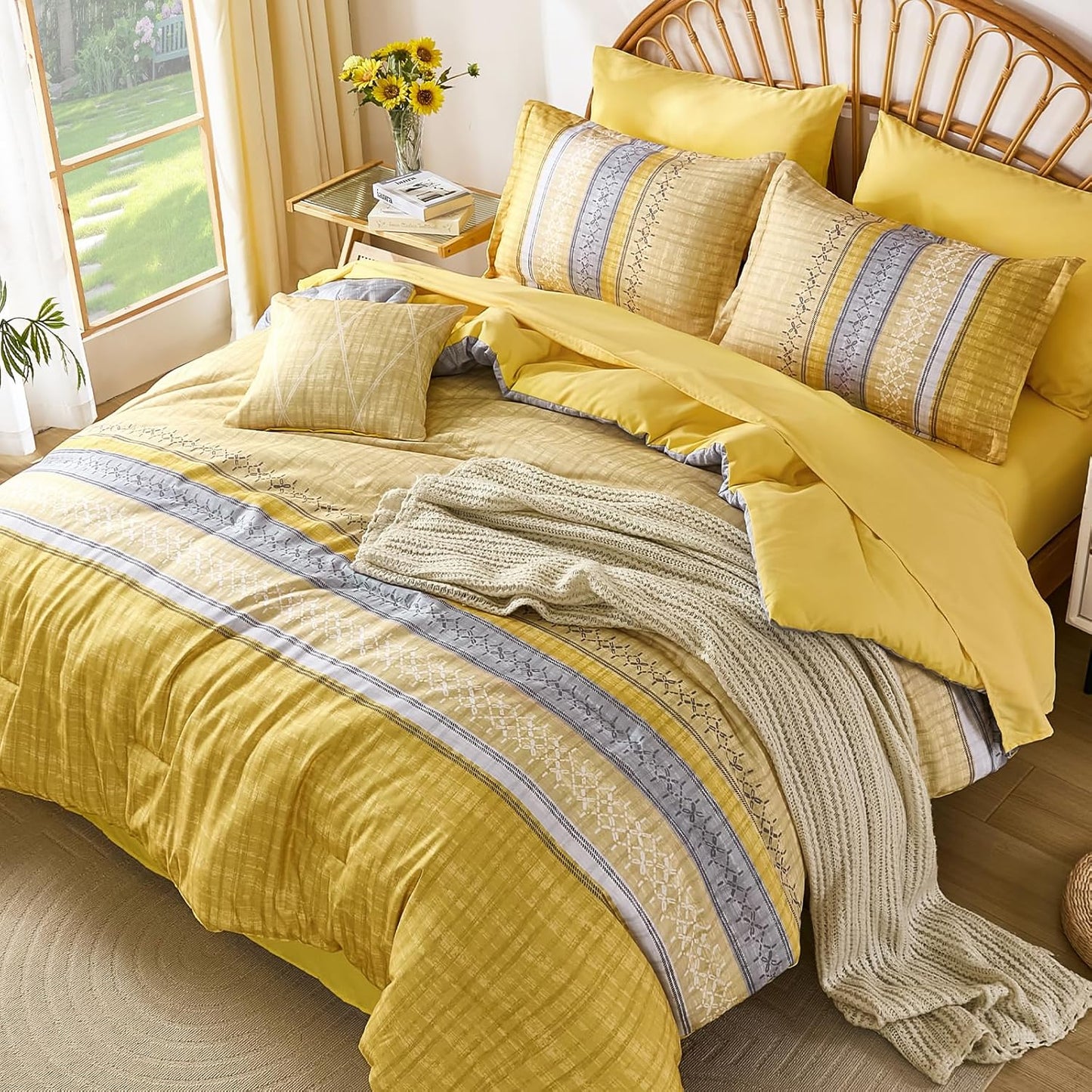 Boho Queen Comforter Size Set, 8 Pieces Yellow Striped Texture Bed in a Bag Bedding Sets, Lightweight Soft Bohemian Comforter and Sheet Set, All Season Microfiber Teen Boys Bedding Sets for Men Women