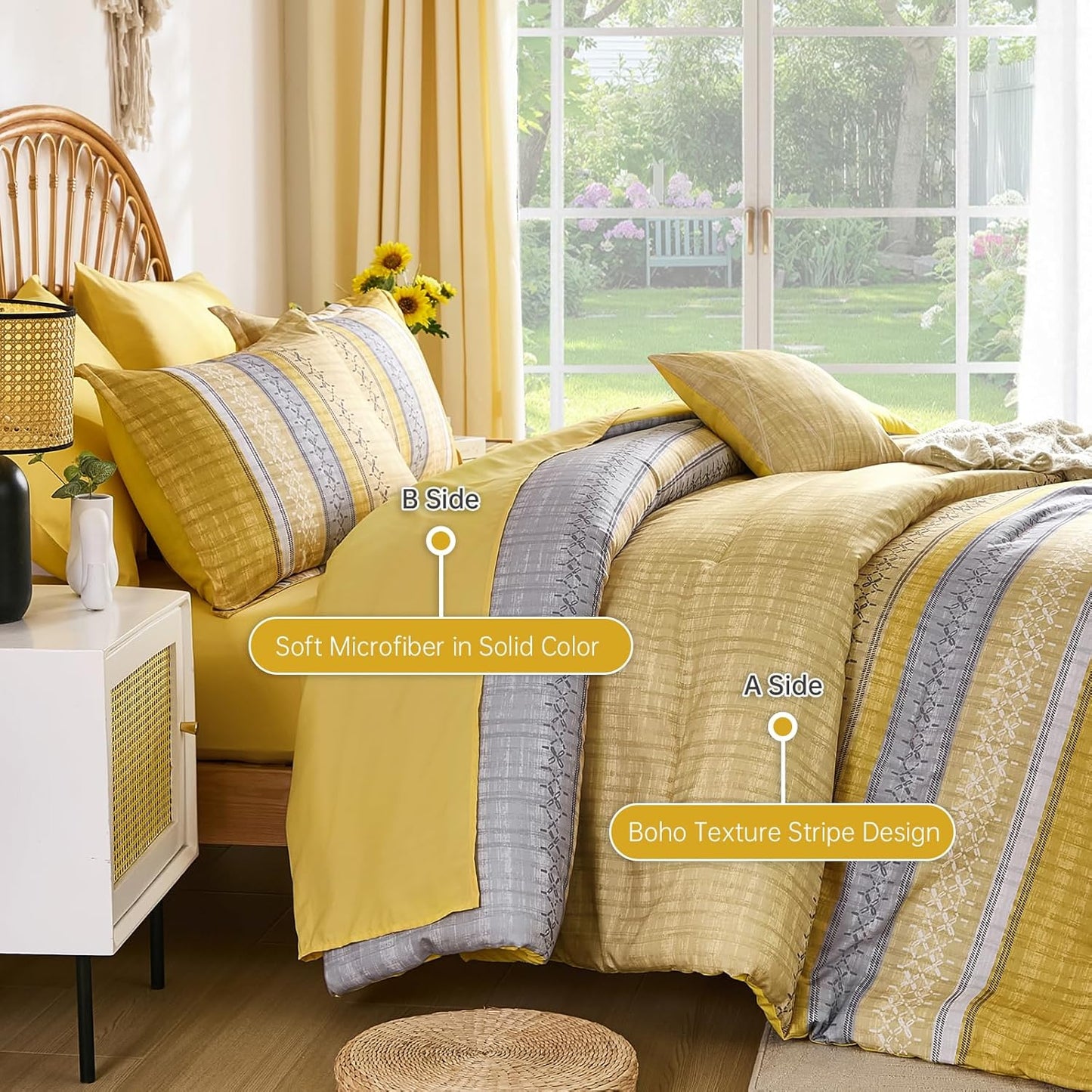 Boho Queen Comforter Size Set, 8 Pieces Yellow Striped Texture Bed in a Bag Bedding Sets, Lightweight Soft Bohemian Comforter and Sheet Set, All Season Microfiber Teen Boys Bedding Sets for Men Women