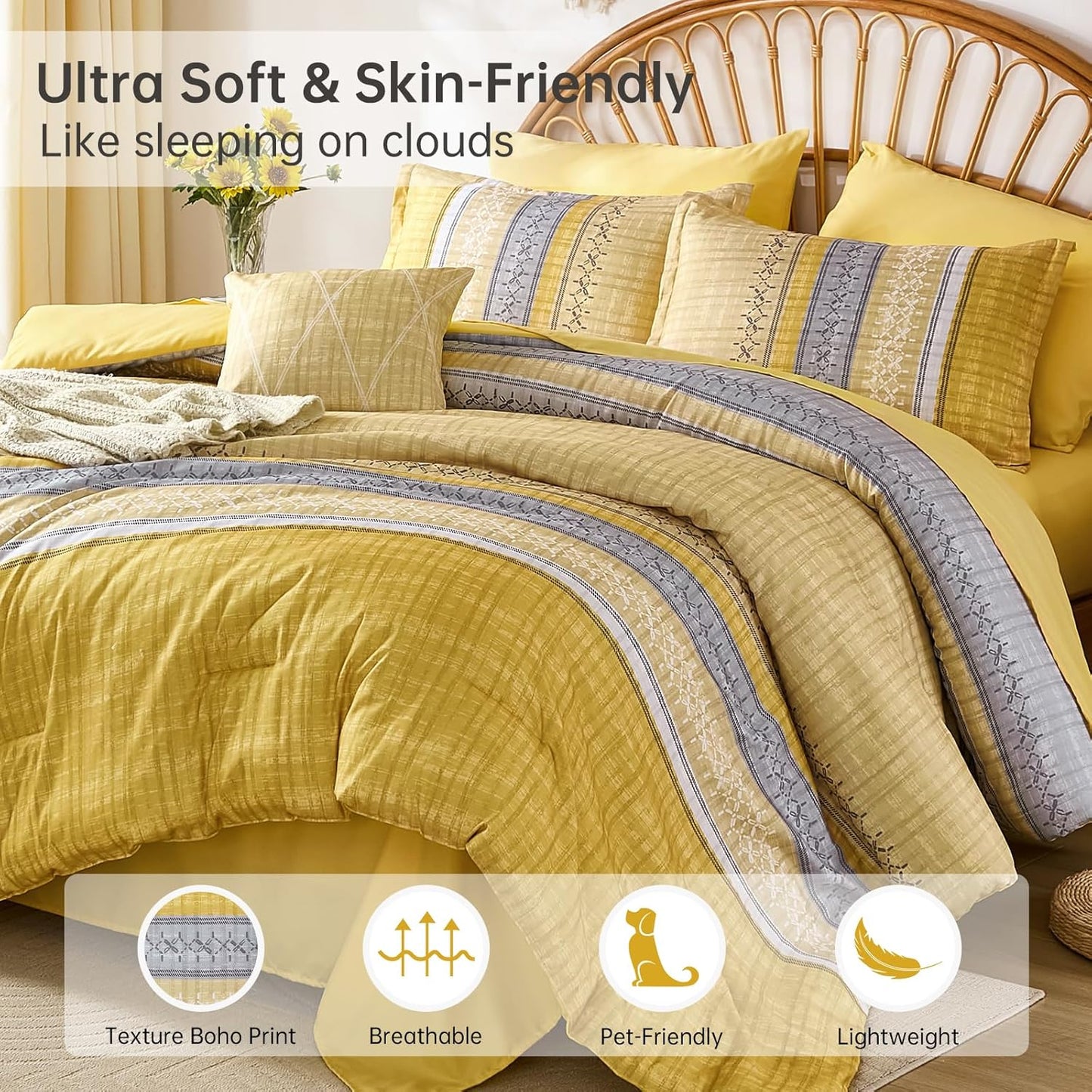 Boho Queen Comforter Size Set, 8 Pieces Yellow Striped Texture Bed in a Bag Bedding Sets, Lightweight Soft Bohemian Comforter and Sheet Set, All Season Microfiber Teen Boys Bedding Sets for Men Women
