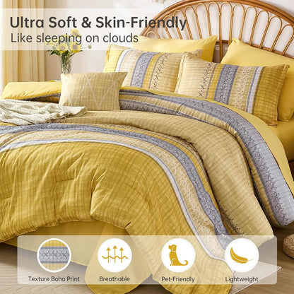 Boho Queen Comforter Size Set, 8 Pieces Yellow Striped Texture Bed in a Bag Bedding Sets, Lightweight Soft Bohemian Comforter and Sheet Set, All Season Microfiber Teen Boys Bedding Sets for Men Women