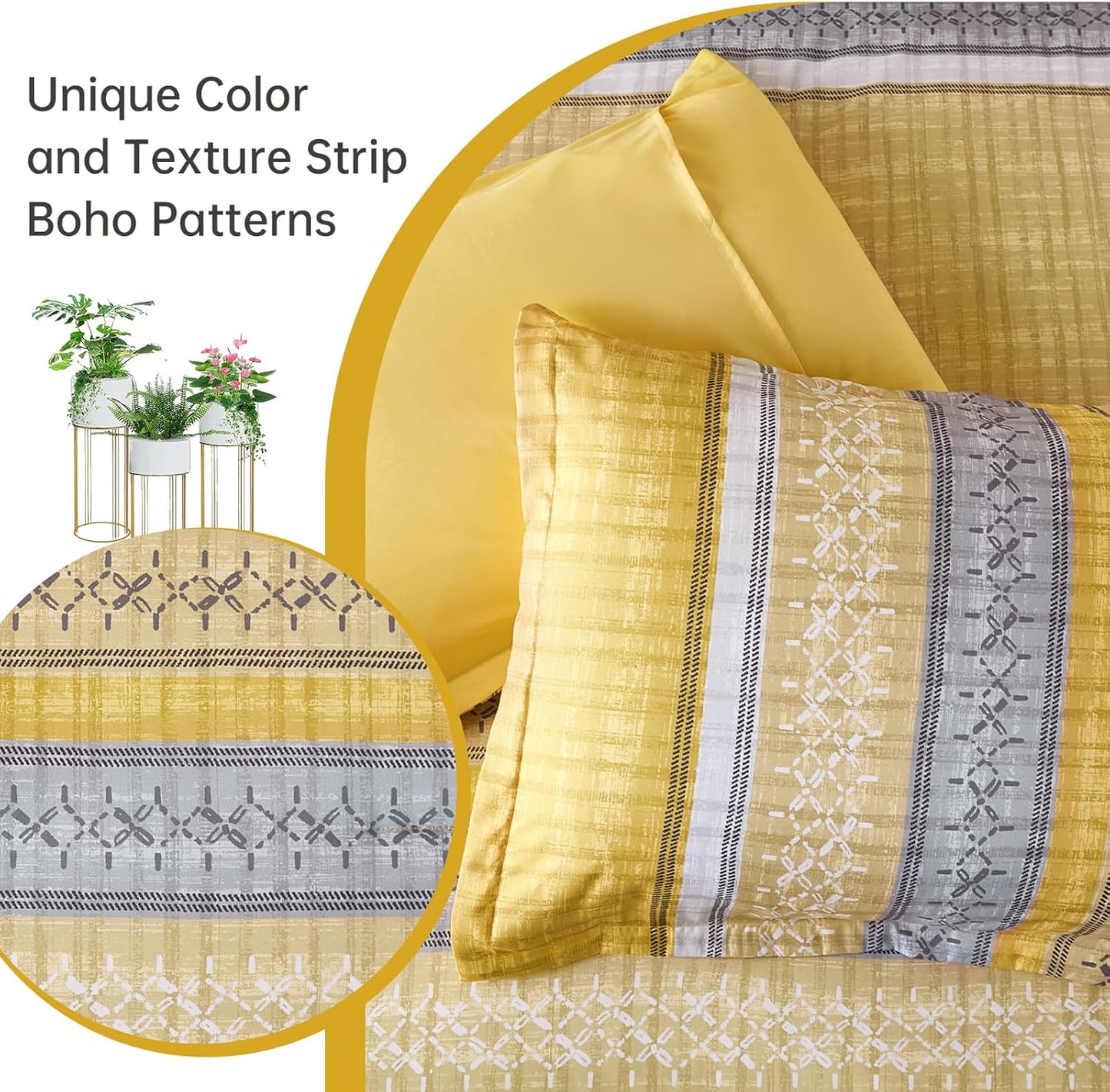 Boho Queen Comforter Size Set, 8 Pieces Yellow Striped Texture Bed in a Bag Bedding Sets, Lightweight Soft Bohemian Comforter and Sheet Set, All Season Microfiber Teen Boys Bedding Sets for Men Women