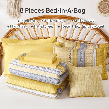 Boho Queen Comforter Size Set, 8 Pieces Yellow Striped Texture Bed in a Bag Bedding Sets, Lightweight Soft Bohemian Comforter and Sheet Set, All Season Microfiber Teen Boys Bedding Sets for Men Women