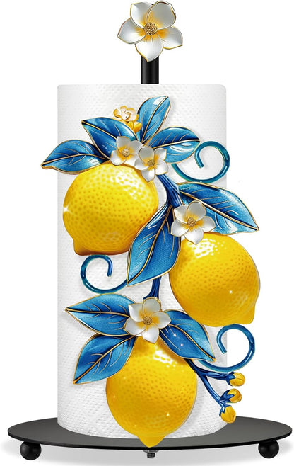 Mediterranean Capri Lemon Paper Towel Holder with Round Base Yellow Lemon Blue Leaf Bathroom Decor Rustic Housewarming Gifts Dispenser Kitchen Paper Holder Stand for Countertop Home Accessories