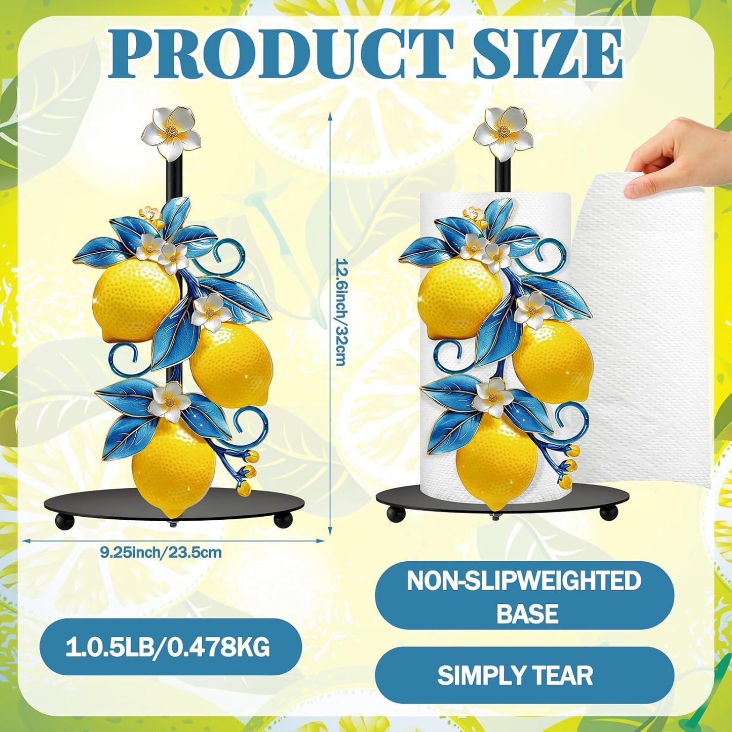 Mediterranean Capri Lemon Paper Towel Holder with Round Base Yellow Lemon Blue Leaf Bathroom Decor Rustic Housewarming Gifts Dispenser Kitchen Paper Holder Stand for Countertop Home Accessories