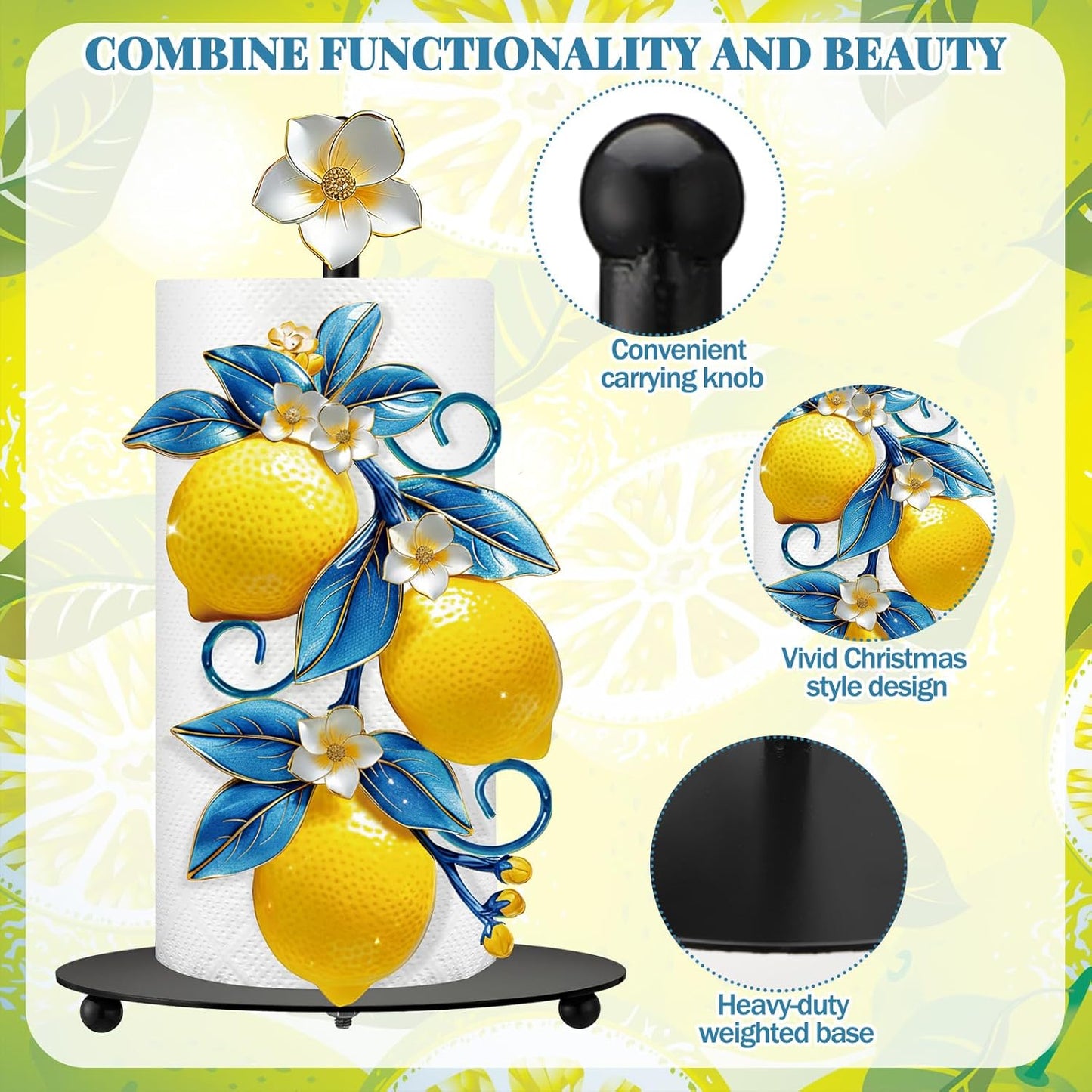 Mediterranean Capri Lemon Paper Towel Holder with Round Base Yellow Lemon Blue Leaf Bathroom Decor Rustic Housewarming Gifts Dispenser Kitchen Paper Holder Stand for Countertop Home Accessories