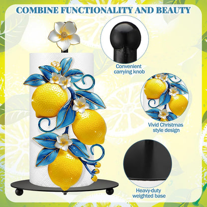 Mediterranean Capri Lemon Paper Towel Holder with Round Base Yellow Lemon Blue Leaf Bathroom Decor Rustic Housewarming Gifts Dispenser Kitchen Paper Holder Stand for Countertop Home Accessories