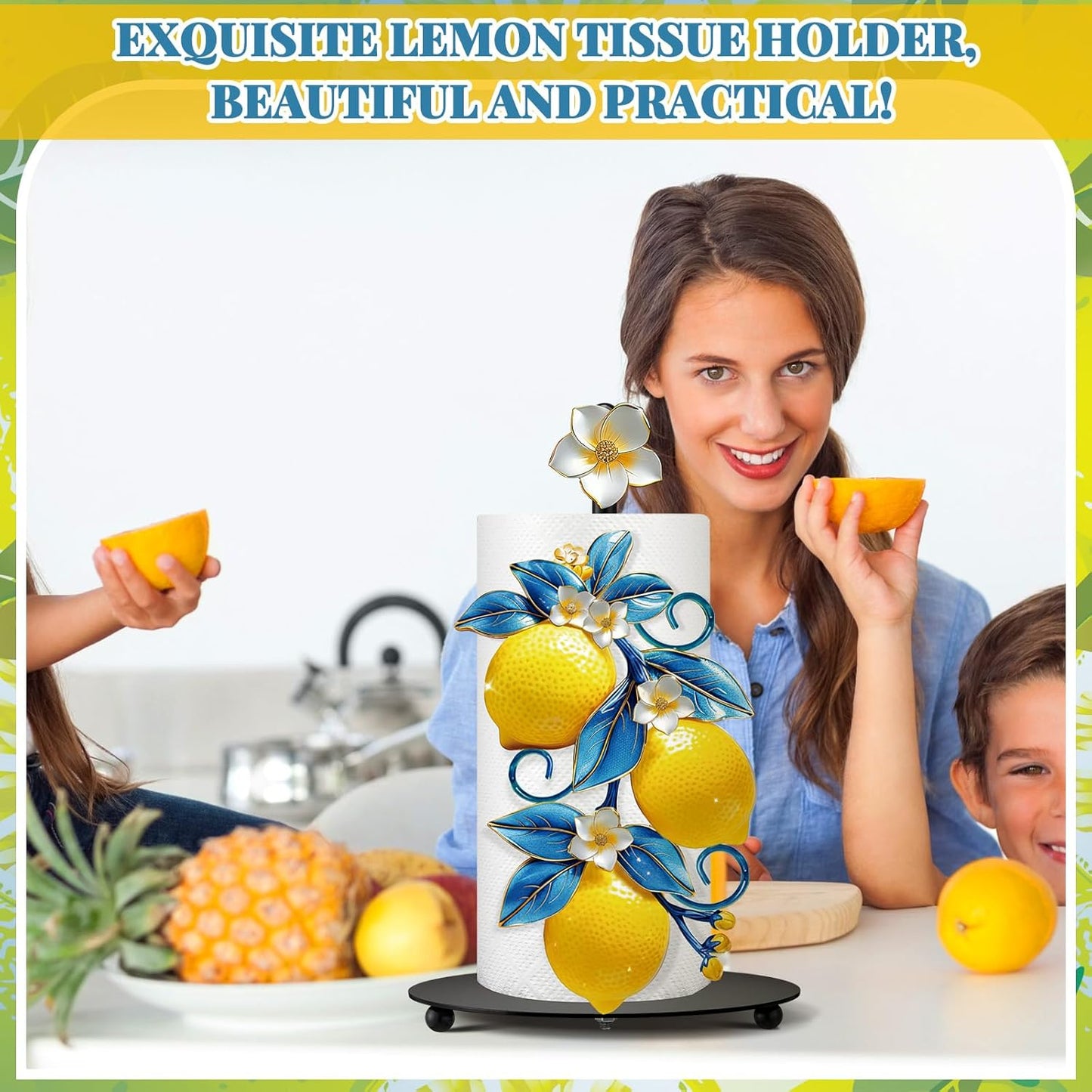 Mediterranean Capri Lemon Paper Towel Holder with Round Base Yellow Lemon Blue Leaf Bathroom Decor Rustic Housewarming Gifts Dispenser Kitchen Paper Holder Stand for Countertop Home Accessories