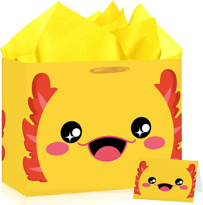 Yellow Axolotl Gift Bags All-in-One Set with Tissue Paper and Card Cute Blue Axolotl Birthday Party Favor Bag for Kids Girls Boys Ocean Animal Wrapping Bag Underwater Sea Creature Theme Party Supplies