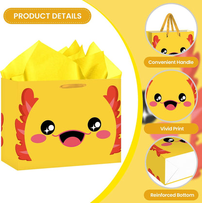Yellow Axolotl Gift Bags All-in-One Set with Tissue Paper and Card Cute Blue Axolotl Birthday Party Favor Bag for Kids Girls Boys Ocean Animal Wrapping Bag Underwater Sea Creature Theme Party Supplies