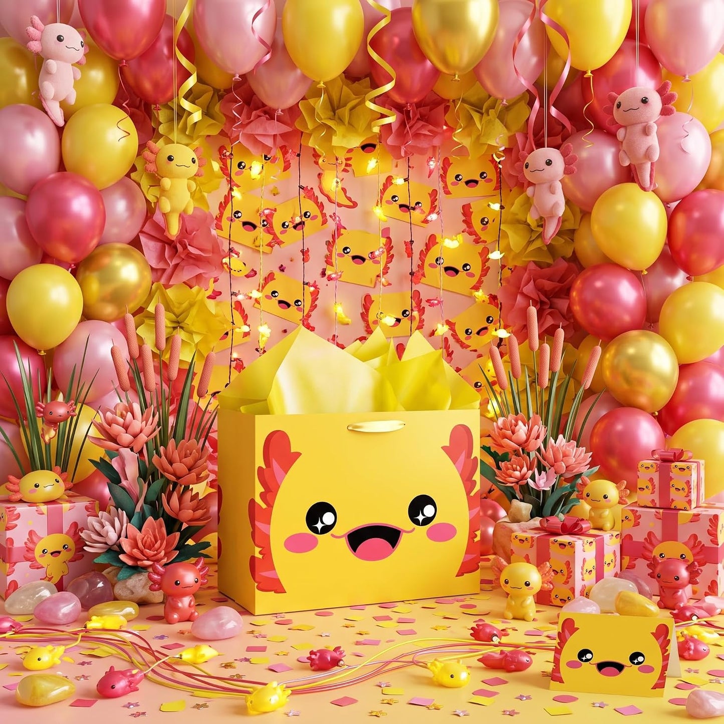 Yellow Axolotl Gift Bags All-in-One Set with Tissue Paper and Card Cute Blue Axolotl Birthday Party Favor Bag for Kids Girls Boys Ocean Animal Wrapping Bag Underwater Sea Creature Theme Party Supplies