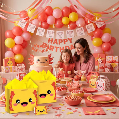 Yellow Axolotl Gift Bags All-in-One Set with Tissue Paper and Card Cute Blue Axolotl Birthday Party Favor Bag for Kids Girls Boys Ocean Animal Wrapping Bag Underwater Sea Creature Theme Party Supplies