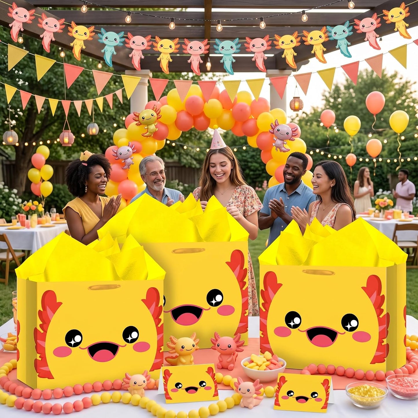 Yellow Axolotl Gift Bags All-in-One Set with Tissue Paper and Card Cute Blue Axolotl Birthday Party Favor Bag for Kids Girls Boys Ocean Animal Wrapping Bag Underwater Sea Creature Theme Party Supplies