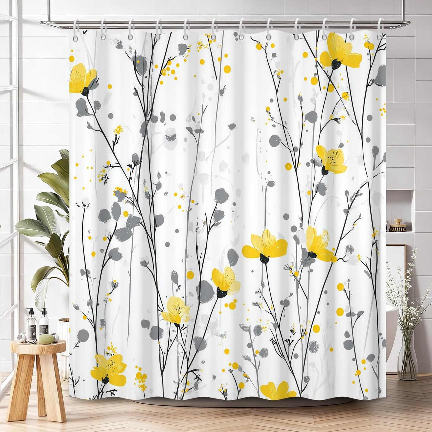 Watercolor Floral Shower Curtain with Hooks - 72x72 Inch Waterproof Fabric Bath Curtain with Yellow & Gray Flower Pattern, Washable Bathroom Curtain for Modern Boho Interiors