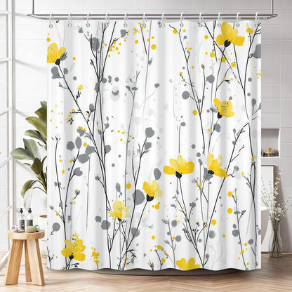 Watercolor Floral Shower Curtain with Hooks - 72x72 Inch Waterproof Fabric Bath Curtain with Yellow & Gray Flower Pattern, Washable Bathroom Curtain for Modern Boho Interiors