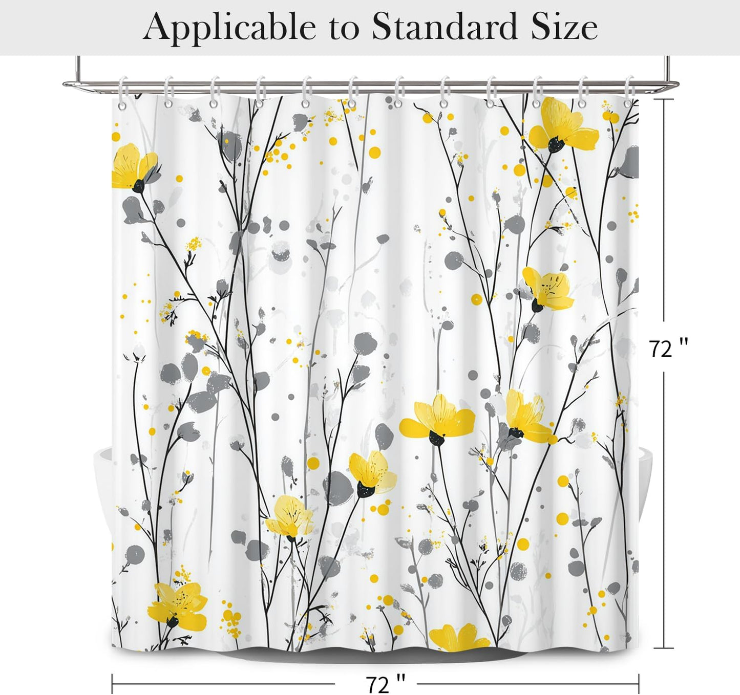 Watercolor Floral Shower Curtain with Hooks - 72x72 Inch Waterproof Fabric Bath Curtain with Yellow & Gray Flower Pattern, Washable Bathroom Curtain for Modern Boho Interiors