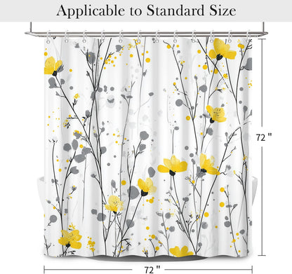 Watercolor Floral Shower Curtain with Hooks - 72x72 Inch Waterproof Fabric Bath Curtain with Yellow & Gray Flower Pattern, Washable Bathroom Curtain for Modern Boho Interiors