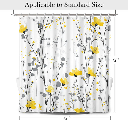 Watercolor Floral Shower Curtain with Hooks - 72x72 Inch Waterproof Fabric Bath Curtain with Yellow & Gray Flower Pattern, Washable Bathroom Curtain for Modern Boho Interiors