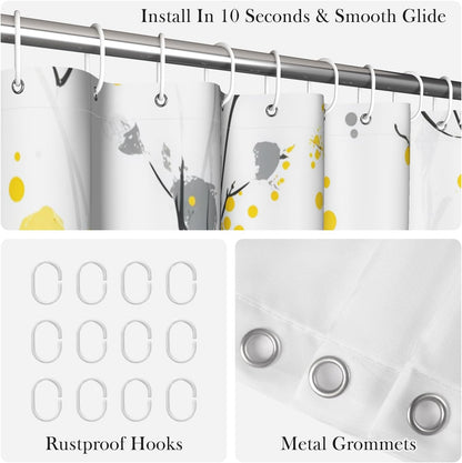 Watercolor Floral Shower Curtain with Hooks - 72x72 Inch Waterproof Fabric Bath Curtain with Yellow & Gray Flower Pattern, Washable Bathroom Curtain for Modern Boho Interiors