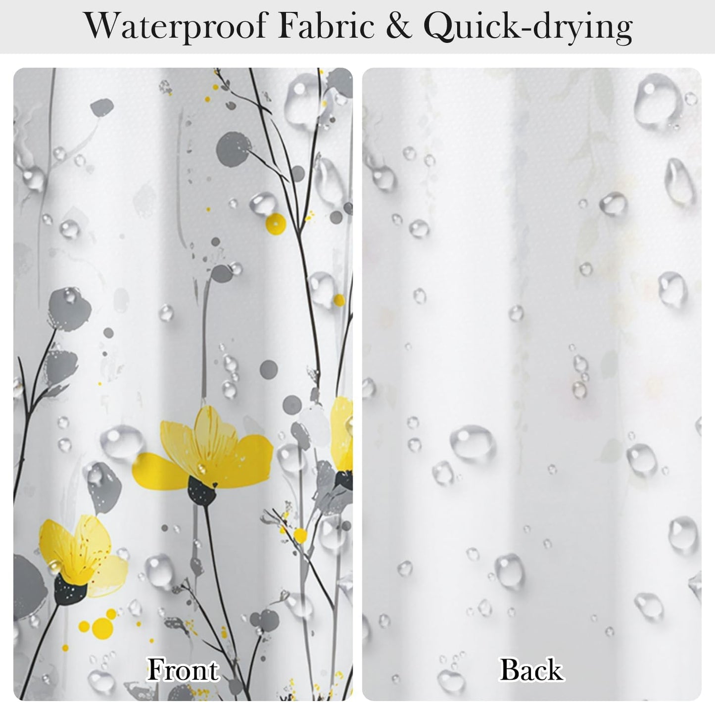 Watercolor Floral Shower Curtain with Hooks - 72x72 Inch Waterproof Fabric Bath Curtain with Yellow & Gray Flower Pattern, Washable Bathroom Curtain for Modern Boho Interiors