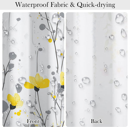 Watercolor Floral Shower Curtain with Hooks - 72x72 Inch Waterproof Fabric Bath Curtain with Yellow & Gray Flower Pattern, Washable Bathroom Curtain for Modern Boho Interiors