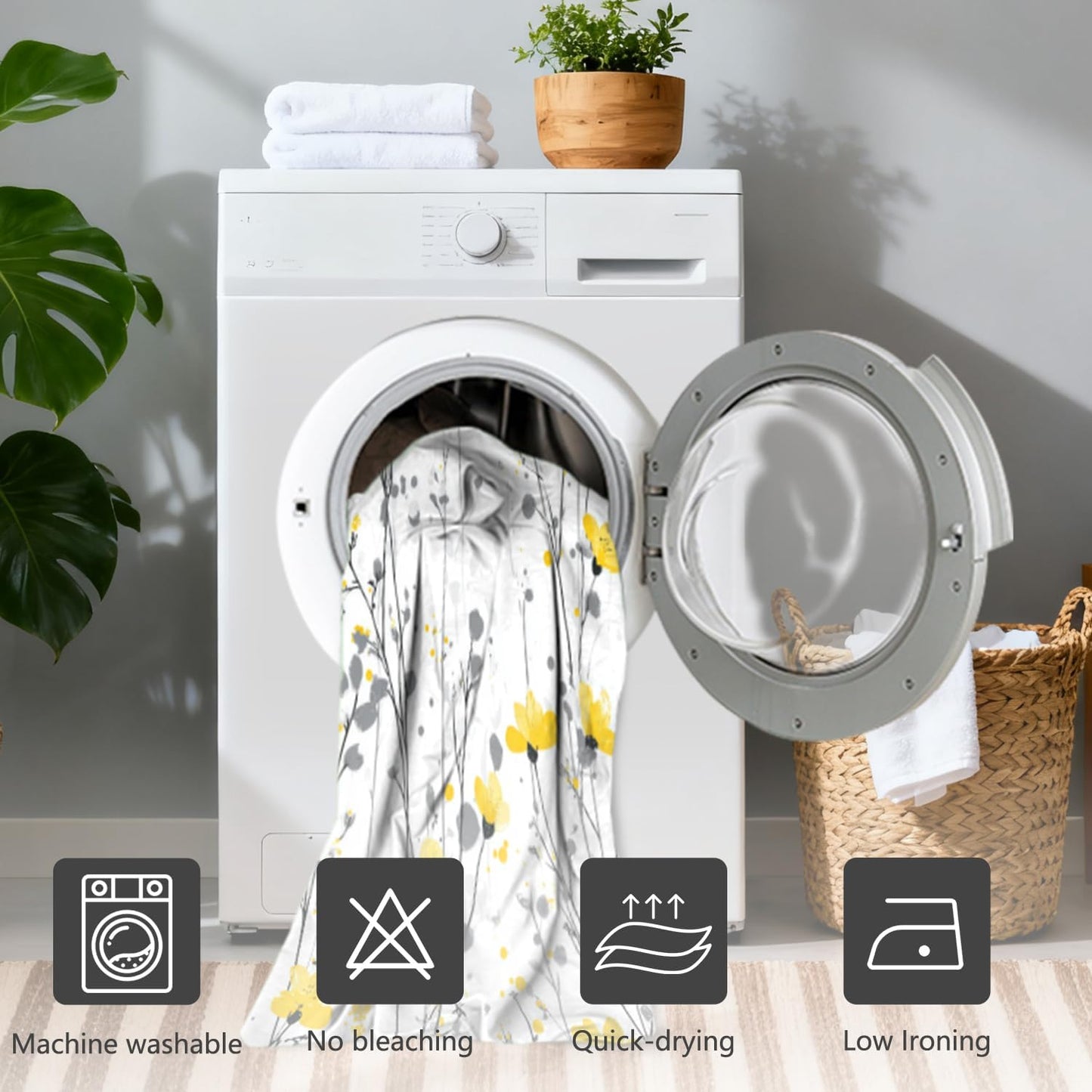 Watercolor Floral Shower Curtain with Hooks - 72x72 Inch Waterproof Fabric Bath Curtain with Yellow & Gray Flower Pattern, Washable Bathroom Curtain for Modern Boho Interiors