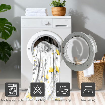 Watercolor Floral Shower Curtain with Hooks - 72x72 Inch Waterproof Fabric Bath Curtain with Yellow & Gray Flower Pattern, Washable Bathroom Curtain for Modern Boho Interiors