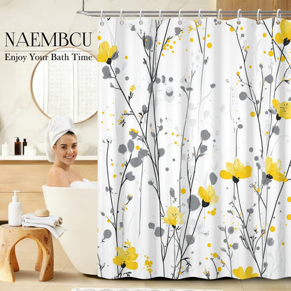 Watercolor Floral Shower Curtain with Hooks - 72x72 Inch Waterproof Fabric Bath Curtain with Yellow & Gray Flower Pattern, Washable Bathroom Curtain for Modern Boho Interiors