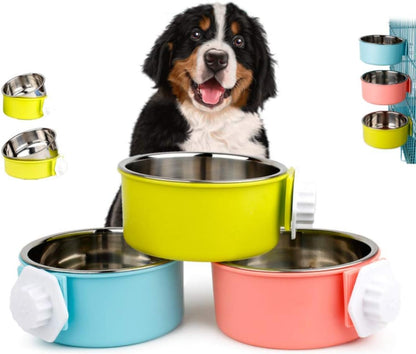 2-in-1 Pet Food Water Hanging Bowl for Crates & Cages Removable Stainless Steel and Plastic Feeder Double Feeding Bowl for Dog Cat Small Animals (S, Yellow)