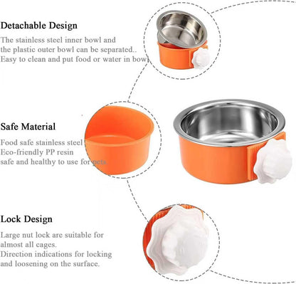 2-in-1 Pet Food Water Hanging Bowl for Crates & Cages Removable Stainless Steel and Plastic Feeder Double Feeding Bowl for Dog Cat Small Animals (S, Yellow)