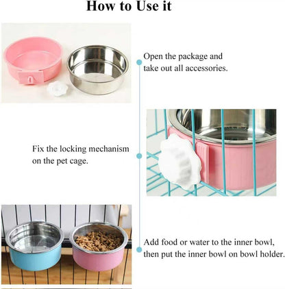 2-in-1 Pet Food Water Hanging Bowl for Crates & Cages Removable Stainless Steel and Plastic Feeder Double Feeding Bowl for Dog Cat Small Animals (S, Yellow)
