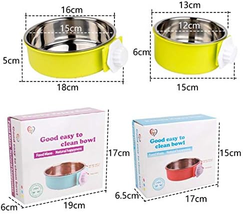 2-in-1 Pet Food Water Hanging Bowl for Crates & Cages Removable Stainless Steel and Plastic Feeder Double Feeding Bowl for Dog Cat Small Animals (S, Yellow)