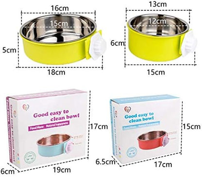 2-in-1 Pet Food Water Hanging Bowl for Crates & Cages Removable Stainless Steel and Plastic Feeder Double Feeding Bowl for Dog Cat Small Animals (S, Yellow)