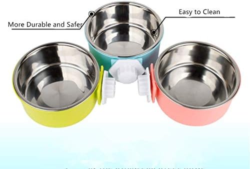 2-in-1 Pet Food Water Hanging Bowl for Crates & Cages Removable Stainless Steel and Plastic Feeder Double Feeding Bowl for Dog Cat Small Animals (S, Yellow)