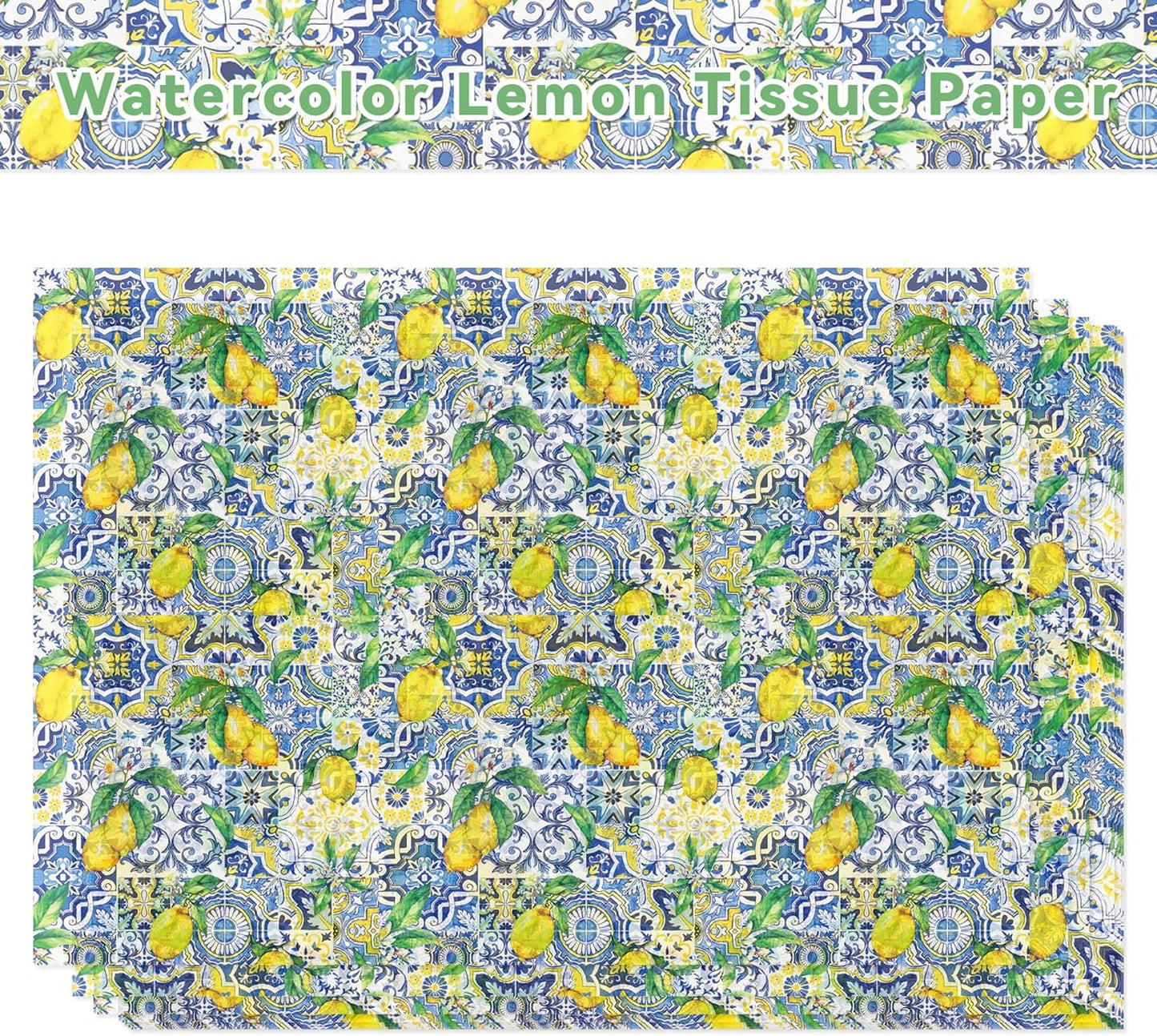 50 Sheets Capri Lemon Tissue Paper, Summer Blue Mediterranean Tile Yellow Lemon Gift Wrapping Papers, Summer Fruit Blue and White Porcelain Design for Bouquet Flower Wrapping, Candy Bag Fillers,Packaging Paper, Gift Boxes, 20 x 14 Inch