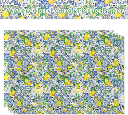 50 Sheets Capri Lemon Tissue Paper, Summer Blue Mediterranean Tile Yellow Lemon Gift Wrapping Papers, Summer Fruit Blue and White Porcelain Design for Bouquet Flower Wrapping, Candy Bag Fillers,Packaging Paper, Gift Boxes, 20 x 14 Inch
