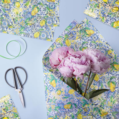 50 Sheets Capri Lemon Tissue Paper, Summer Blue Mediterranean Tile Yellow Lemon Gift Wrapping Papers, Summer Fruit Blue and White Porcelain Design for Bouquet Flower Wrapping, Candy Bag Fillers,Packaging Paper, Gift Boxes, 20 x 14 Inch
