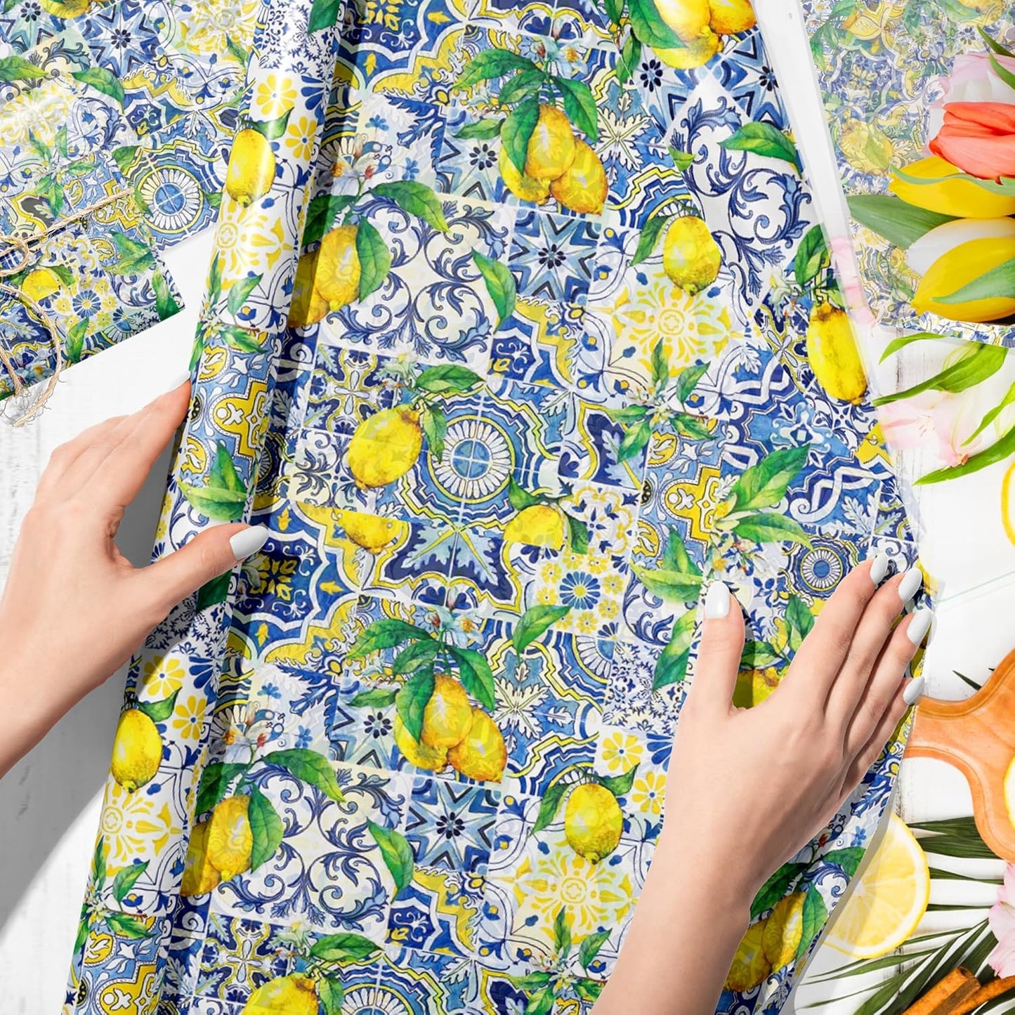 50 Sheets Capri Lemon Tissue Paper, Summer Blue Mediterranean Tile Yellow Lemon Gift Wrapping Papers, Summer Fruit Blue and White Porcelain Design for Bouquet Flower Wrapping, Candy Bag Fillers,Packaging Paper, Gift Boxes, 20 x 14 Inch
