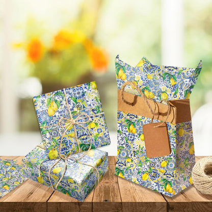 50 Sheets Capri Lemon Tissue Paper, Summer Blue Mediterranean Tile Yellow Lemon Gift Wrapping Papers, Summer Fruit Blue and White Porcelain Design for Bouquet Flower Wrapping, Candy Bag Fillers,Packaging Paper, Gift Boxes, 20 x 14 Inch