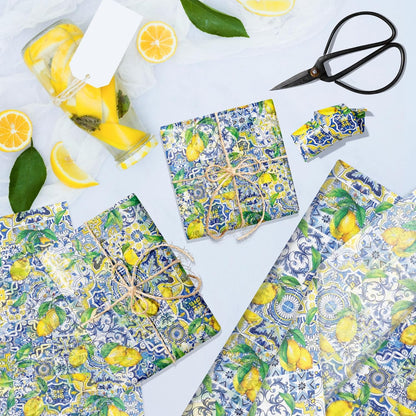 50 Sheets Capri Lemon Tissue Paper, Summer Blue Mediterranean Tile Yellow Lemon Gift Wrapping Papers, Summer Fruit Blue and White Porcelain Design for Bouquet Flower Wrapping, Candy Bag Fillers,Packaging Paper, Gift Boxes, 20 x 14 Inch