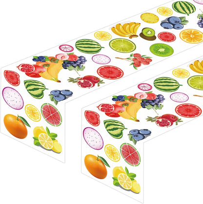 2Pcs Summer Fruit Table Runner Banana Orange Lemon Grape Lychee Watermelon Blueberry Berry Sweet Baby Shower Birthday Party Favors Supplies Decorations Fruitful Table Cloth