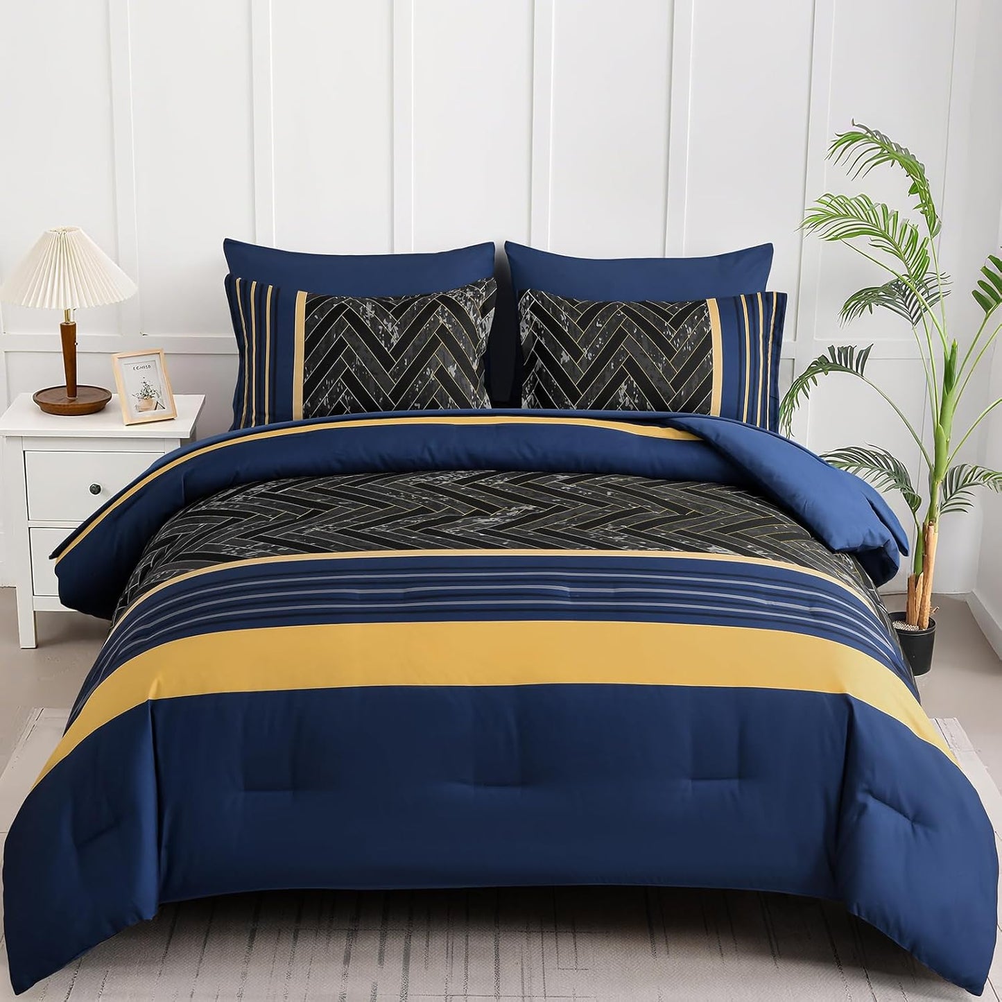 Blue and Yellow Comforter Set King Size, 7 Pieces Stripe Geometric Bed in a Bag, Marble Comforter and Sheet Set, Soft Microfiber Complete Bedding Sets for All Seasons