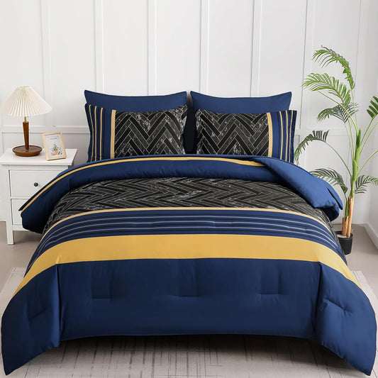 Blue and Yellow Comforter Set King Size, 7 Pieces Stripe Geometric Bed in a Bag, Marble Comforter and Sheet Set, Soft Microfiber Complete Bedding Sets for All Seasons