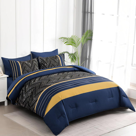 Blue and Yellow Comforter Set King Size, 7 Pieces Stripe Geometric Bed in a Bag, Marble Comforter and Sheet Set, Soft Microfiber Complete Bedding Sets for All Seasons