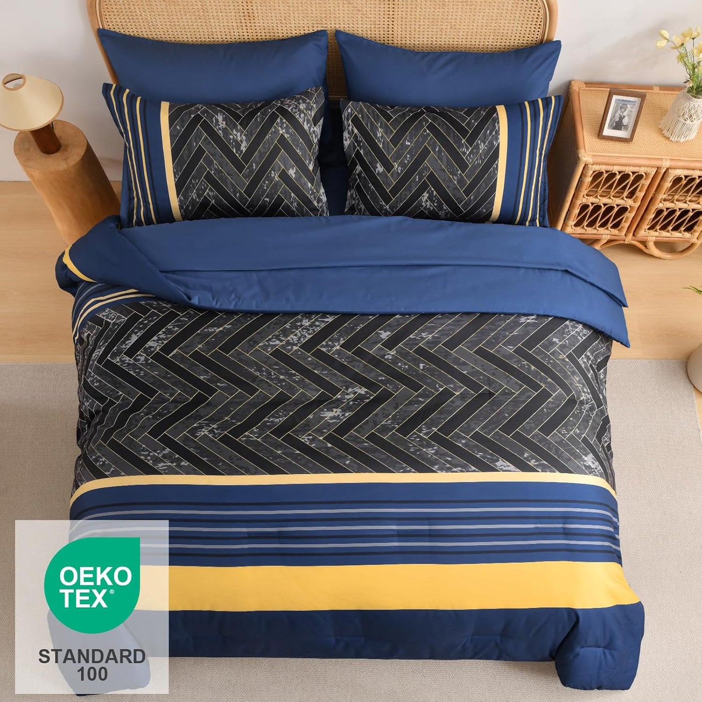 Blue and Yellow Comforter Set King Size, 7 Pieces Stripe Geometric Bed in a Bag, Marble Comforter and Sheet Set, Soft Microfiber Complete Bedding Sets for All Seasons