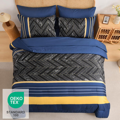 Blue and Yellow Comforter Set King Size, 7 Pieces Stripe Geometric Bed in a Bag, Marble Comforter and Sheet Set, Soft Microfiber Complete Bedding Sets for All Seasons