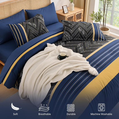 Blue and Yellow Comforter Set King Size, 7 Pieces Stripe Geometric Bed in a Bag, Marble Comforter and Sheet Set, Soft Microfiber Complete Bedding Sets for All Seasons